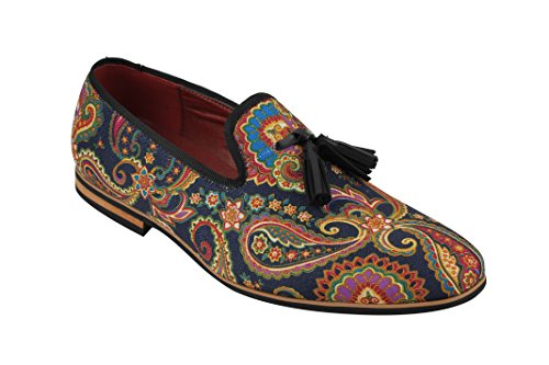 Xposed Herren Leder Quaste Loafer Vintage Designer Style Paisley Drucken Schuhe Schwarz Blau [UK 8 EU 42, Marineblau] von Xposed