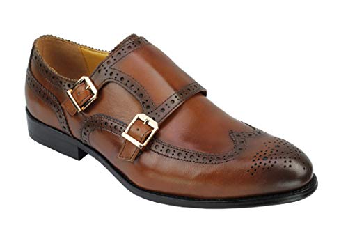 Xposed Herren Vintage Schwarzer Brown Echtes Leder Brogue Doppel-Bügel-Monk-Schuh-Intelligenten Formal Slip On [JPD3-30-BROWN-42] von Xposed