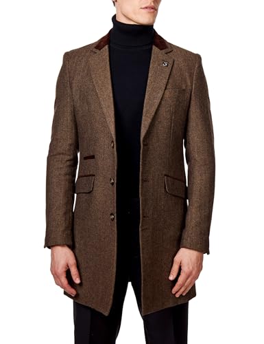Xposed Langer Herrenmantel mit Fischgrätenmuster, klassische Wollmischung, maßgeschneiderte Passform, mittellange 3/4-Manteljacke [COAT-COSMO-BROWN-50UK] von Xposed
