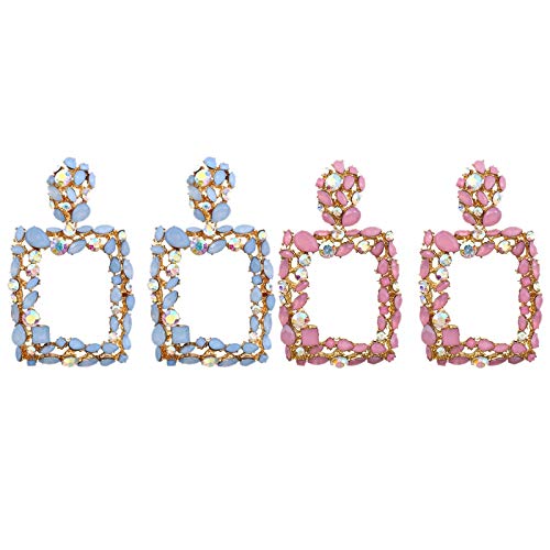 Xptieeck 2 Paar Statement-Ohrringe für Damen, große quadratische Kristall-Ohrringe, Strass, Tropfen, geometrisch, luxuriös, Boho, Vintage-Ohrringe, 1 Paar rosa & 1 Paar blau, Metall, Diamanten von Xptieeck