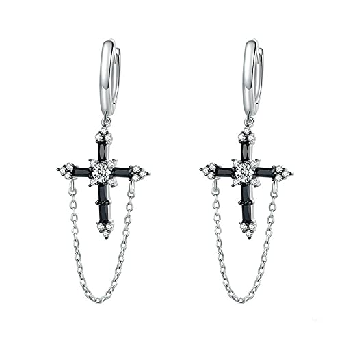 Damen-Ohrringe, schwarze Kreuz-Ohrringe für Damen mit Kette, 925er-Sterlingsilber-Schmuck im byzantinischen Stil, schwarze Zirkon-Ohrringe mit schwarzen Steinen von XqmarT