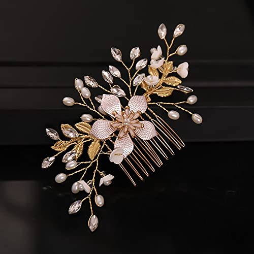 Diamant-Tiara, handgefertigt, goldener Blumen-Haarkamm mit Perlen-Strass-Haarschmuck für Frauen, Braut, Hochzeit, Haarschmuck, Tiara-Geschenke von XqmarT