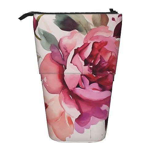 XqmarT Rosa Flowerand Rose Teleskop-Federmäppchen, Ständer-Stifthalter mit Reißverschluss, Make-up-Tasche, Bleistiftbeutel, Stifttasche von XqmarT