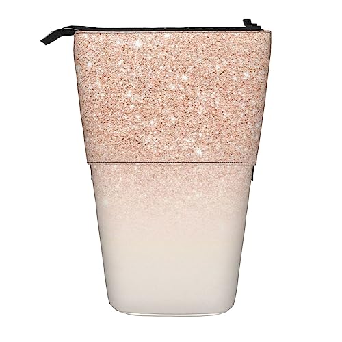 XqmarT Roségoldenes Teleskop-Federmäppchen mit Faux-Glitzer-Aufdruck, Ständer-Stifthalter mit Reißverschluss, Make-up-Tasche, Bleistiftbeutel, Stifttasche von XqmarT