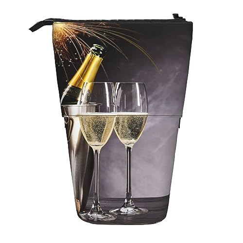 XqmarT Teleskop-Federmäppchen mit Champagnerglas-Aufdruck, Ständer, Stifthalter mit Reißverschluss, Make-up-Tasche, Bleistiftbeutel, Stifttasche von XqmarT