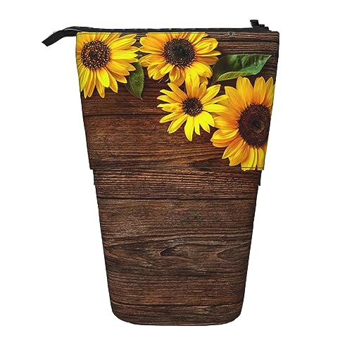 XqmarT Teleskop-Federmäppchen mit Sonnenblumen-Blumen-Motiv auf Holzbrett, Ständer, Stiftehalter mit Reißverschluss, Make-up-Tasche, Bleistiftbeutel, Stifttasche von XqmarT