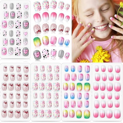 Xrten 120 Stücke Mädchen Aufdrücken Nägel, Gefälschte Zum Aufkleben für Kinder, Selbstklebende Künstliche Fingernägel Set, Vollabdeckung Kurze Falsche Fingernägel für Mädchen Kinder von Xrten