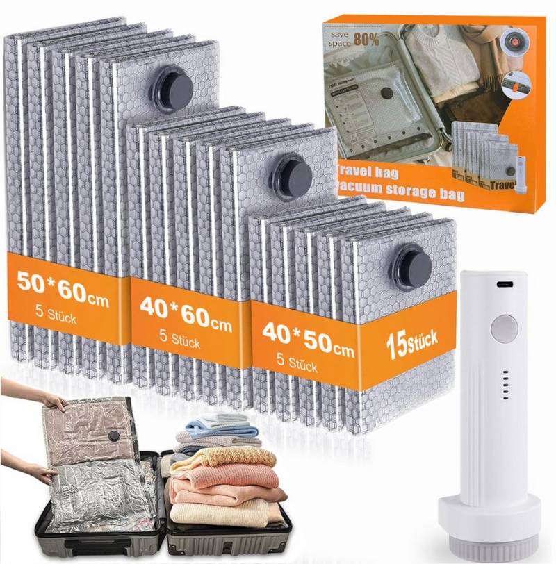 Xruiy Kofferorganizer Vakuumbeutel für Kleidung mit kabelloser Vakuumpumpe 15 Stück (Transparente, langlebige und wiederverwendbare Vakuumbeutel in drei Reisegrößen – ideal für Kleidung), Handgepäck und ordentliches Packen auf Reisen. von Xruiy