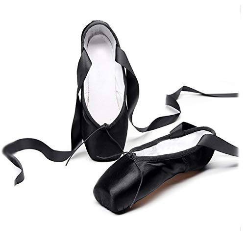 Balletttanz-Zehenschuhe, professionelle Satin-Spitzenschuhe, Hausschuhe mit genähtem Band für Mädchen und Damen, Schwarz , 38/38.5 EU von Xsclpomddy