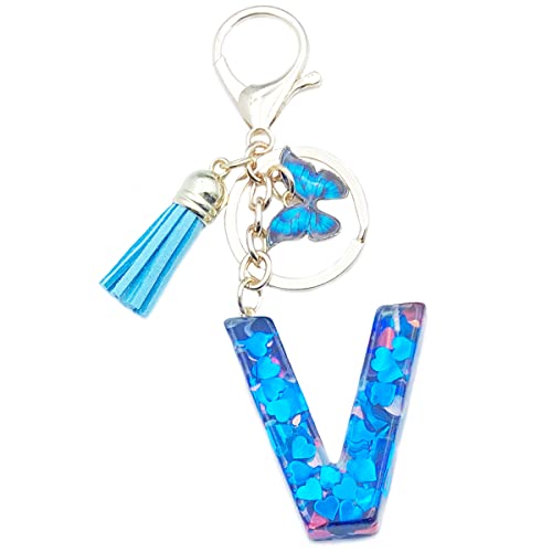 Xsclpomddy A-Z Initialen Buchstaben Schlüsselanhänger Blau mit Quaste Schmetterling Anhänger für Geldbörse Rucksack Handtaschen Frauen Mädchen, 5740, 1.6in*1.6in von Xsclpomddy