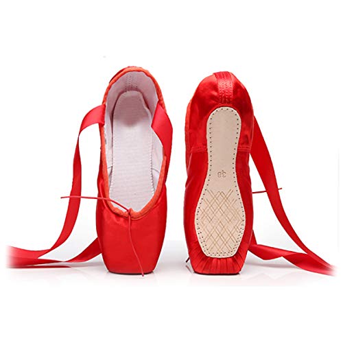 Xsclpomddy Ballett Spitzenschuhe Professionelle Ballettschläppchen Tanzschuhe mit Aufgenähten Bändern für Damen Mädchen,Red,32 EU von Xsclpomddy