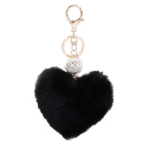 Xsclpomddy Künstliche Kaninchenhaar Flauschigen Liebesherz Pom Pom Schlüsselanhänger Glitzer Kristallstrass Taschen Koffer Rucksäcke Zubehör Charm Auto Schlüsselring für Mädchen,Black von Xsclpomddy