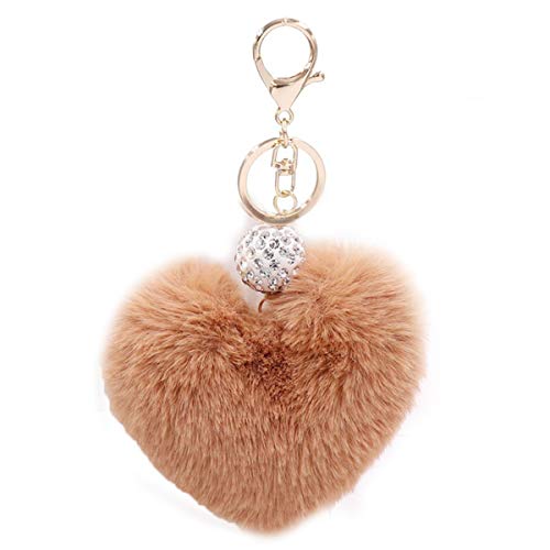 Xsclpomddy Künstliche Kaninchenhaar Flauschigen Liebesherz Pom Pom Schlüsselanhänger Glitzer Kristallstrass Taschen Koffer Rucksäcke Zubehör Charm Auto Schlüsselring für Mädchen,khaki von Xsclpomddy