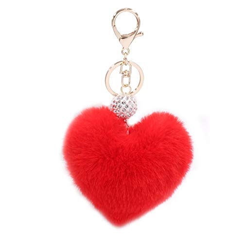 Xsclpomddy Künstliche Kaninchenhaar Flauschigen Liebesherz Pom Pom Schlüsselanhänger Glitzer Kristallstrass Taschen Koffer Rucksäcke Zubehör Charm Auto Schlüsselring für Mädchen,red von Xsclpomddy