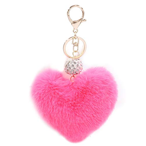 Xsclpomddy Künstliche Kaninchenhaar Flauschigen Liebesherz Pom Pom Schlüsselanhänger Glitzer Kristallstrass Taschen Koffer Rucksäcke Zubehör Charm Auto Schlüsselring für Mädchen,rose von Xsclpomddy