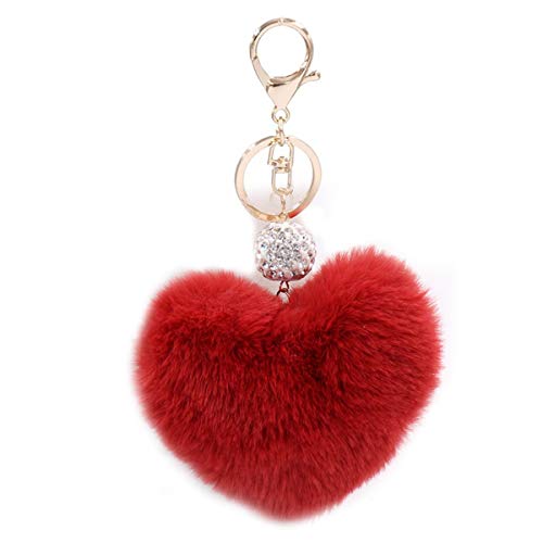 Xsclpomddy Künstliche Kaninchenhaar Flauschigen Liebesherz Pom Pom Schlüsselanhänger Glitzer Kristallstrass Taschen Koffer Rucksäcke Zubehör Charm Auto Schlüsselring für Mädchen,wine red von Xsclpomddy