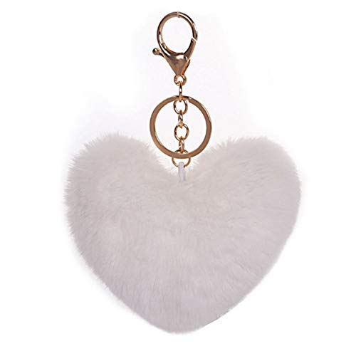 Xsclpomddy Künstliche Kaninchenhaar Flauschigen Liebesherz Pom Pom Schlüsselanhänger Taschen Koffer Rucksäcke Zubehör Charm Auto Schlüsselring für Mädchen,white von Xsclpomddy