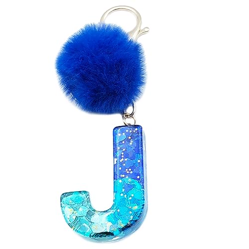 Xsclpomddy Mädchen Alphabet Buchstaben Schlüsselanhänger Niedlich Schlüsselanhänger Glitzer mit Pom Pom Quasten Harz Blau Keychain für Tasche Charme,J von Xsclpomddy