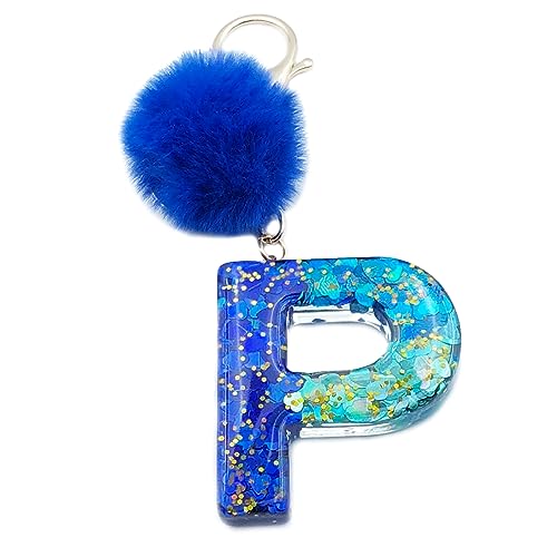 Xsclpomddy Mädchen Alphabet Buchstaben Schlüsselanhänger Niedlich Schlüsselanhänger Glitzer mit Pom Pom Quasten Harz Blau Keychain für Tasche Charme,P von Xsclpomddy