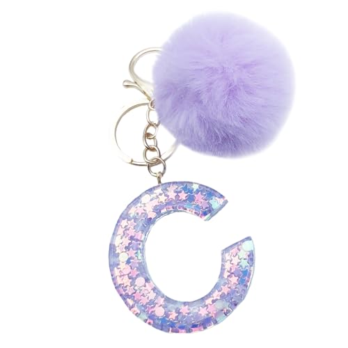 Xsclpomddy Mädchen Alphabet Buchstaben Schlüsselanhänger Niedlich Schlüsselanhänger Glitzer mit Pom Pom Quasten Harz Keychain Violett für Tasche Charme,C von Xsclpomddy
