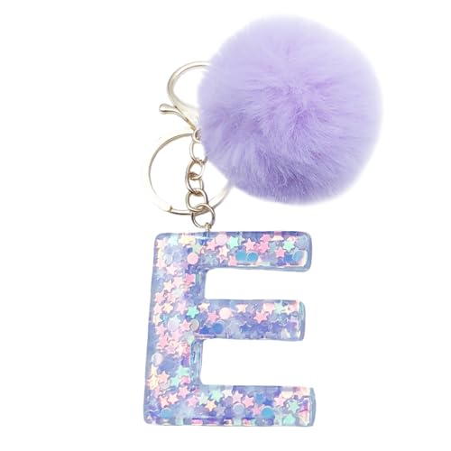 Xsclpomddy Mädchen Alphabet Buchstaben Schlüsselanhänger Niedlich Schlüsselanhänger Glitzer mit Pom Pom Quasten Harz Keychain Violett für Tasche Charme,E von Xsclpomddy