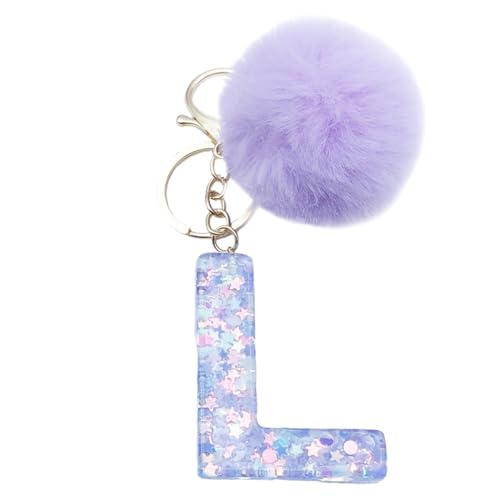 Xsclpomddy Mädchen Alphabet Buchstaben Schlüsselanhänger Niedlich Schlüsselanhänger Glitzer mit Pom Pom Quasten Harz Keychain Violett für Tasche Charme,L von Xsclpomddy