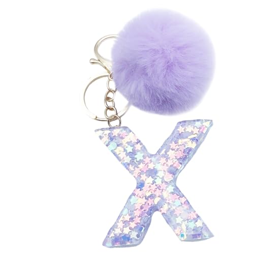 Xsclpomddy Mädchen Alphabet Buchstaben Schlüsselanhänger Niedlich Schlüsselanhänger Glitzer mit Pom Pom Quasten Harz Keychain Violett für Tasche Charme,X von Xsclpomddy