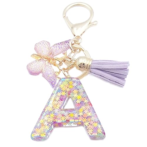 Xsclpomddy Mädchen Alphabet Buchstaben Schlüsselanhänger Niedlich Schlüsselanhänger Glitzer mit Schmetterling Quasten Harz Keychain für Tasche Charme,violett A von Xsclpomddy