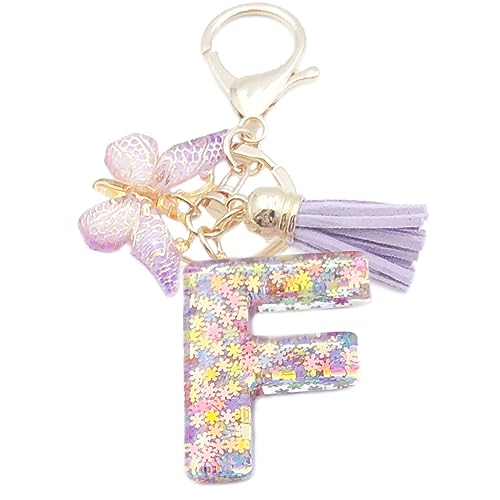 Xsclpomddy Mädchen Alphabet Buchstaben Schlüsselanhänger Niedlich Schlüsselanhänger Glitzer mit Schmetterling Quasten Harz Keychain für Tasche Charme,violett F von Xsclpomddy