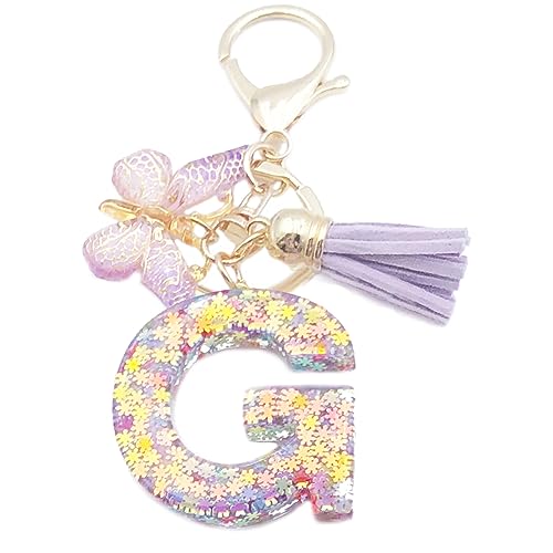 Xsclpomddy Mädchen Alphabet Buchstaben Schlüsselanhänger Niedlich Schlüsselanhänger Glitzer mit Schmetterling Quasten Harz Keychain für Tasche Charme,violett G von Xsclpomddy