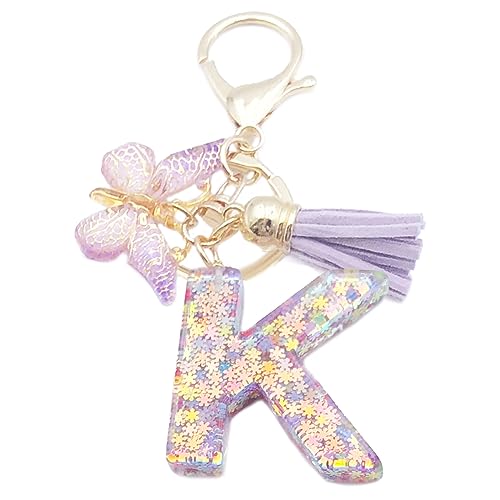 Xsclpomddy Mädchen Alphabet Buchstaben Schlüsselanhänger Niedlich Schlüsselanhänger Glitzer mit Schmetterling Quasten Harz Keychain für Tasche Charme,violett K von Xsclpomddy