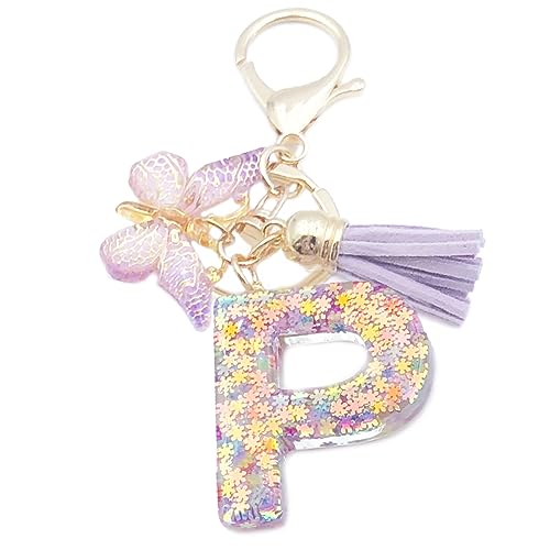 Xsclpomddy Mädchen Alphabet Buchstaben Schlüsselanhänger Niedlich Schlüsselanhänger Glitzer mit Schmetterling Quasten Harz Keychain für Tasche Charme,violett P von Xsclpomddy