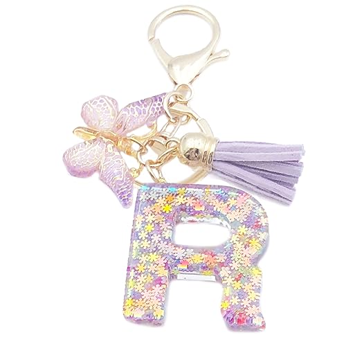 Xsclpomddy Mädchen Alphabet Buchstaben Schlüsselanhänger Niedlich Schlüsselanhänger Glitzer mit Schmetterling Quasten Harz Keychain für Tasche Charme,violett R von Xsclpomddy