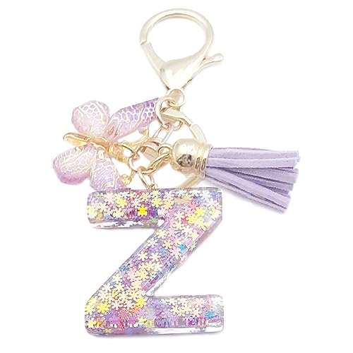 Xsclpomddy Mädchen Alphabet Buchstaben Schlüsselanhänger Niedlich Schlüsselanhänger Glitzer mit Schmetterling Quasten Harz Keychain für Tasche Charme,violett Z von Xsclpomddy