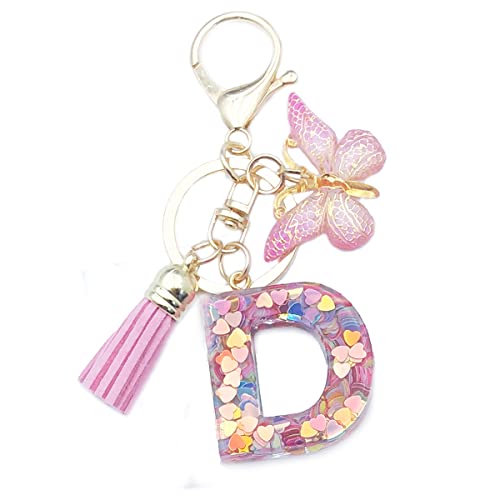 Xsclpomddy Mädchen Alphabet Buchstaben Schlüsselanhänger Niedlich Schlüsselanhänger Glitzer mit Schmetterling Quasten Harz Rosa.Keychain für Tasche Charme,D von Xsclpomddy