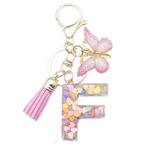 Xsclpomddy Mädchen Alphabet Buchstaben Schlüsselanhänger Niedlich Schlüsselanhänger Glitzer mit Schmetterling Quasten Harz Rosa.Keychain für Tasche Charme,F von Xsclpomddy