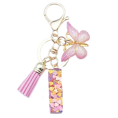 Xsclpomddy Mädchen Alphabet Buchstaben Schlüsselanhänger Niedlich Schlüsselanhänger Glitzer mit Schmetterling Quasten Harz Rosa.Keychain für Tasche Charme,I von Xsclpomddy