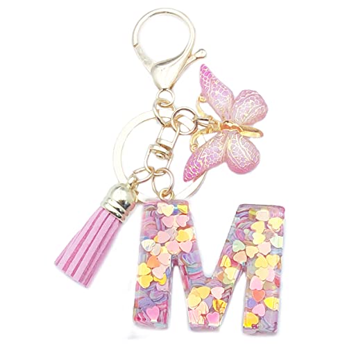 Xsclpomddy Mädchen Alphabet Buchstaben Schlüsselanhänger Niedlich Schlüsselanhänger Glitzer mit Schmetterling Quasten Harz Rosa.Keychain für Tasche Charme,M von Xsclpomddy