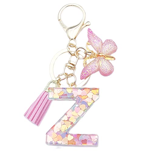 Xsclpomddy Mädchen Alphabet Buchstaben Schlüsselanhänger Niedlich Schlüsselanhänger Glitzer mit Schmetterling Quasten Harz Rosa.Keychain für Tasche Charme,Z von Xsclpomddy