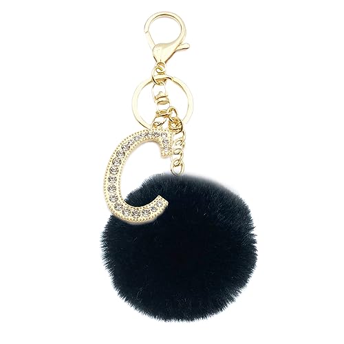 Xsclpomddy Pom Pom Schlüsselbund künstliche weiche Kaninchenhaar Taschenanhänger Ball Schlüsselanhänger mit Goldene Buchstabe A-Z für Handtasche,schwarz C von Xsclpomddy