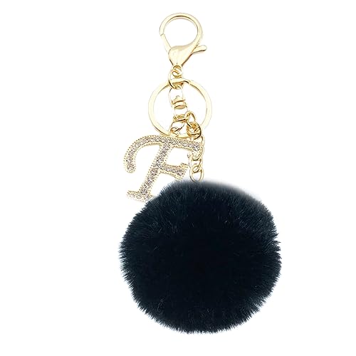 Xsclpomddy Pom Pom Schlüsselbund künstliche weiche Kaninchenhaar Taschenanhänger Ball Schlüsselanhänger mit Goldene Buchstabe A-Z für Handtasche,schwarz F von Xsclpomddy