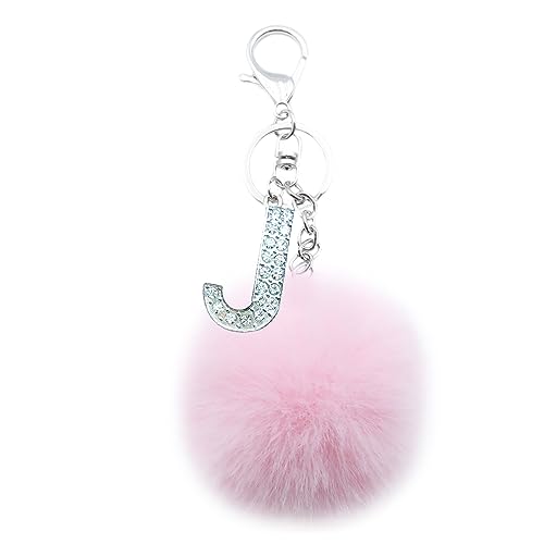 Xsclpomddy Pom Pom rosa. Schlüsselbund künstliche weiche Kaninchenhaar Taschenanhänger Ball Schlüsselanhänger mit Buchstabe A-Z für Handtasche Dekoration,pink J von Xsclpomddy