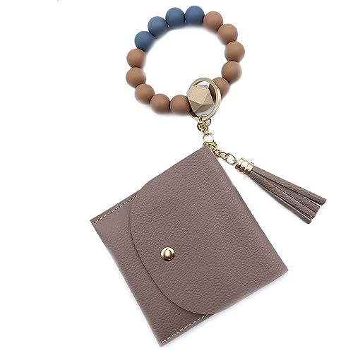 Xsclpomddy Schlüsselanhänger Armband Schlüsselbund Silikon Handgelen schlüsselkette mit Brieftasche für Frauen,light brown von Xsclpomddy
