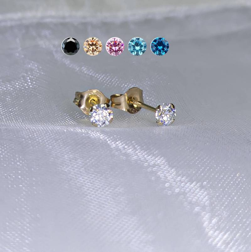 Ohne Verschluss 1 Paar Zirkonia 585 Gold 3 Mm Ohrstecker Echtgold 14Kt Gelbgold Kleine Ohrringe Ohrpiercing Solid Gold von XstylePiercing