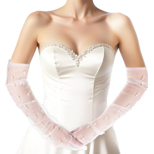 Xthrotsenk 1 Paar Weiße Tüll Handschuhe Lang Brauthandschuhe Damen Transparent Netzhandschuhe Perlen Tüllhandschuhe für Hochzeit Halloween Weihnachten von Xthrotsenk