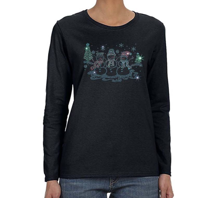 Damen 3 Schneemann Strass Ohrstecker Weihnachtspullover Winter Urlaub Weihnachtsmann Glitzer Bling Schneeflocke Baum Langarm T-Shirt von XtraFlyApparel
