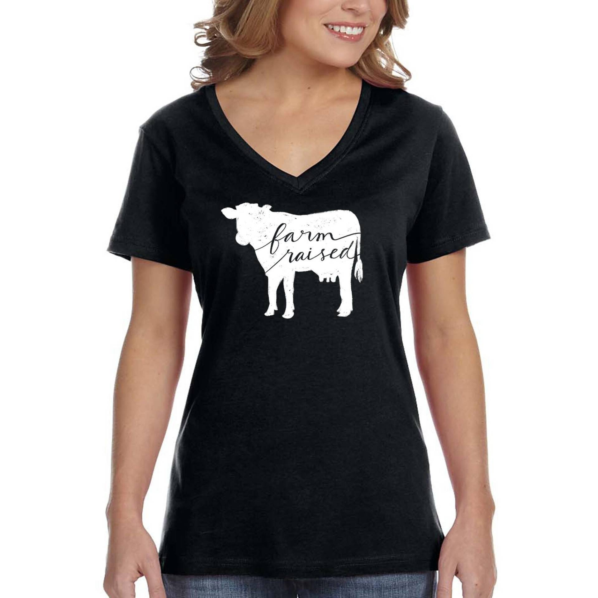 Damen Farm Erhöhte Kuh V-Ausschnitt T-Shirt, Farmer Rodeo Cowgirl Cowboy Shirt, Bauernhaus Stier Scheune Western Tier von XtraFlyApparel