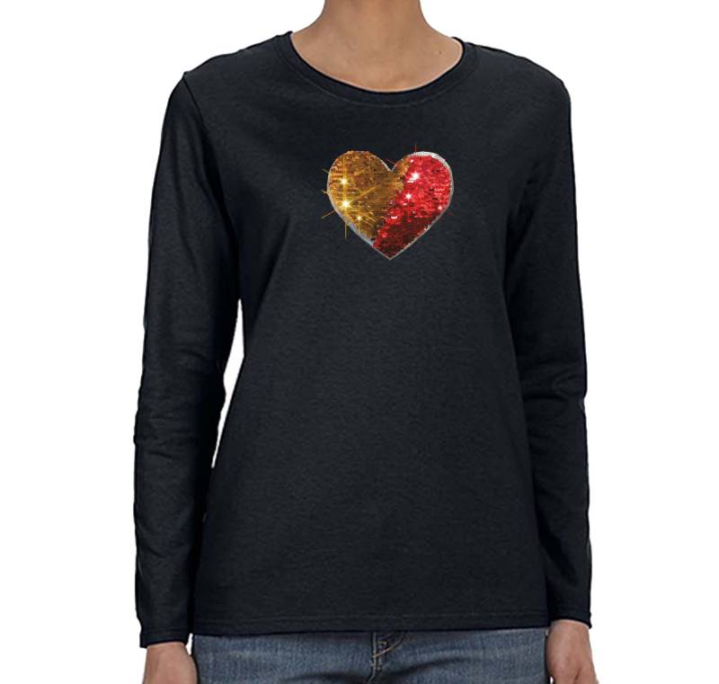 Damen Gold Rot Herz Valentinstag Reversible Flip Geschenk Pailletten Langarm T-Shirt von XtraFlyApparel