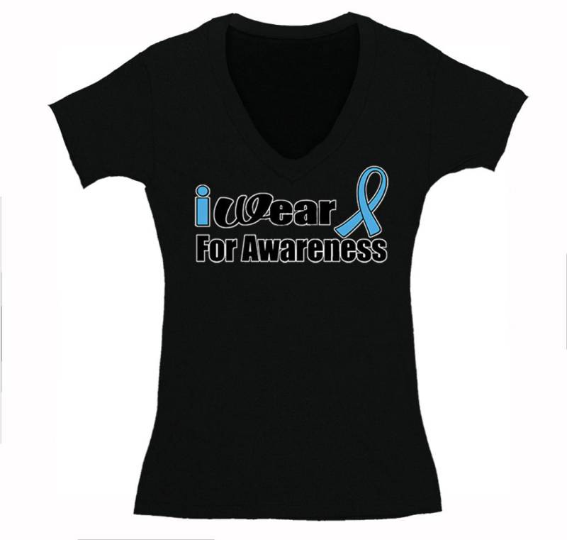 Damen I Wear Blue For Awareness Cancer Fight Cure Survivor Gesundes Blaues Band Unterstützung V-Ausschnitt T-Shirt Schwarz von XtraFlyApparel