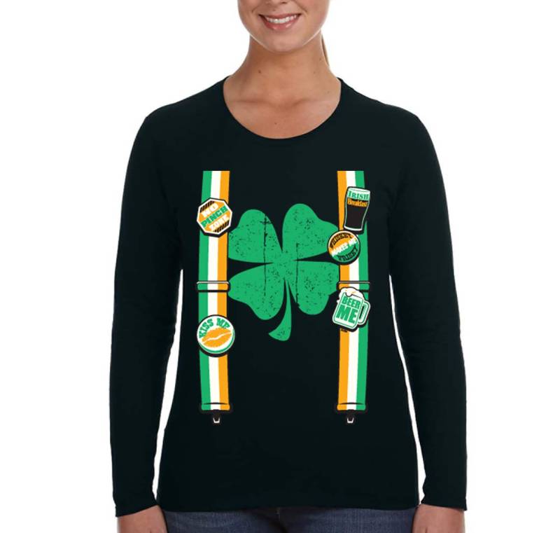 Damen Irish Hosenträger St. Patrick Es Day Lustige Party Bier Klee Kleeblatt Whisky Langarm T-Shirt von XtraFlyApparel